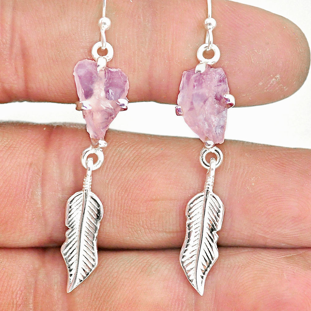 7.57cts natural pink morganite raw 925 silver deltoid leaf earrings r90721