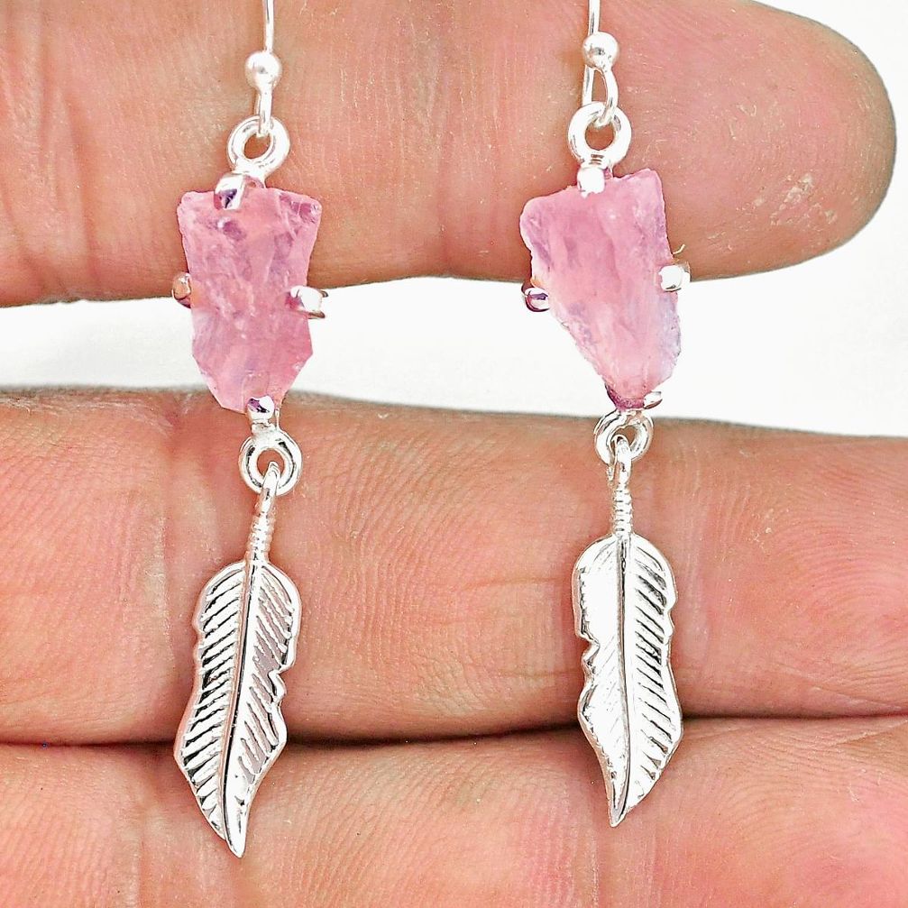 7.91cts natural pink morganite raw 925 silver deltoid leaf earrings r90722