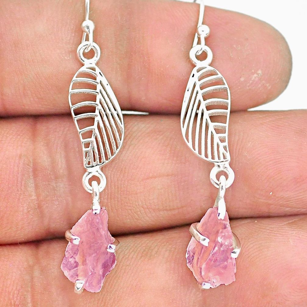 6.85cts natural pink morganite rough 925 silver deltoid leaf earrings r90729