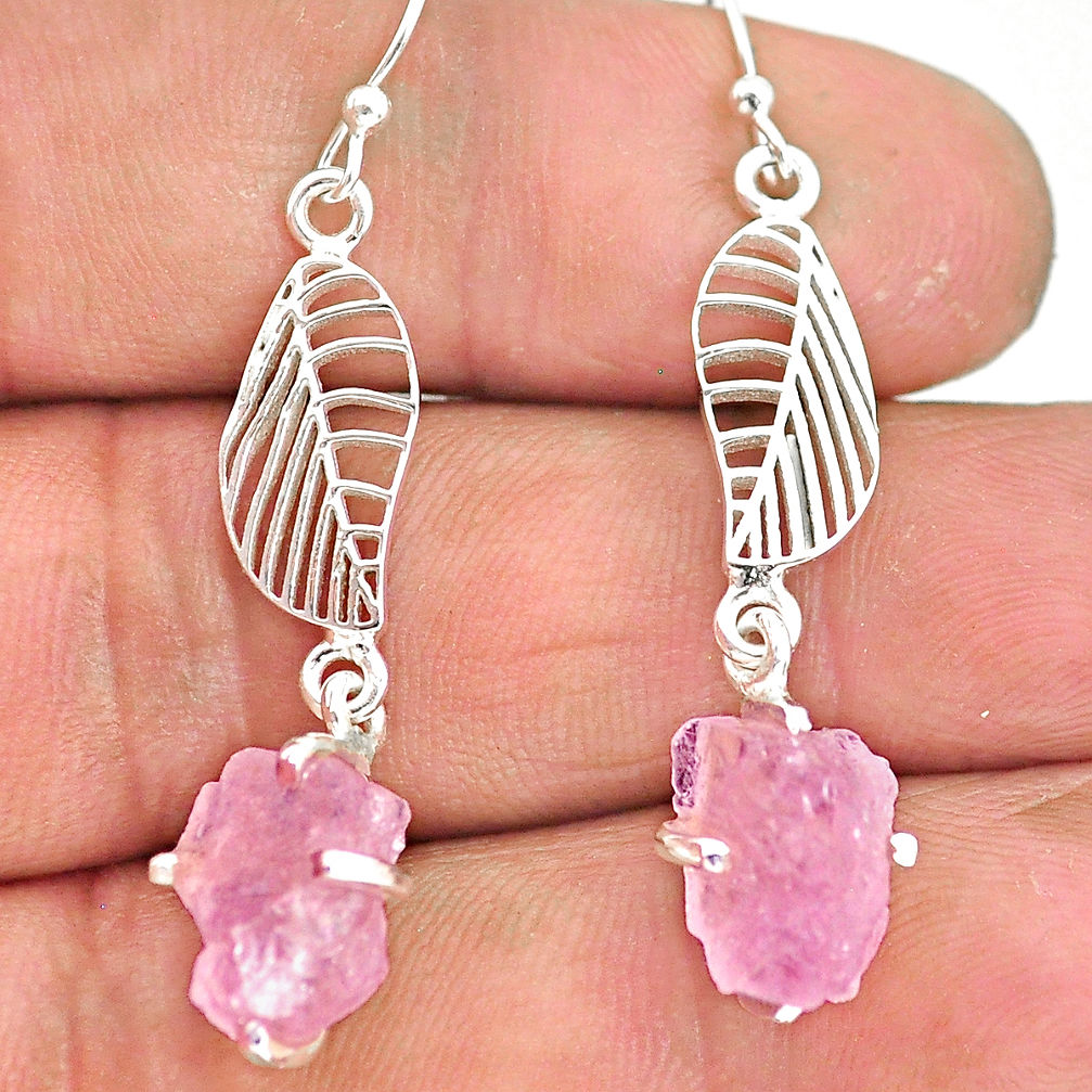 8.67cts natural pink morganite raw 925 silver deltoid leaf earrings r90730