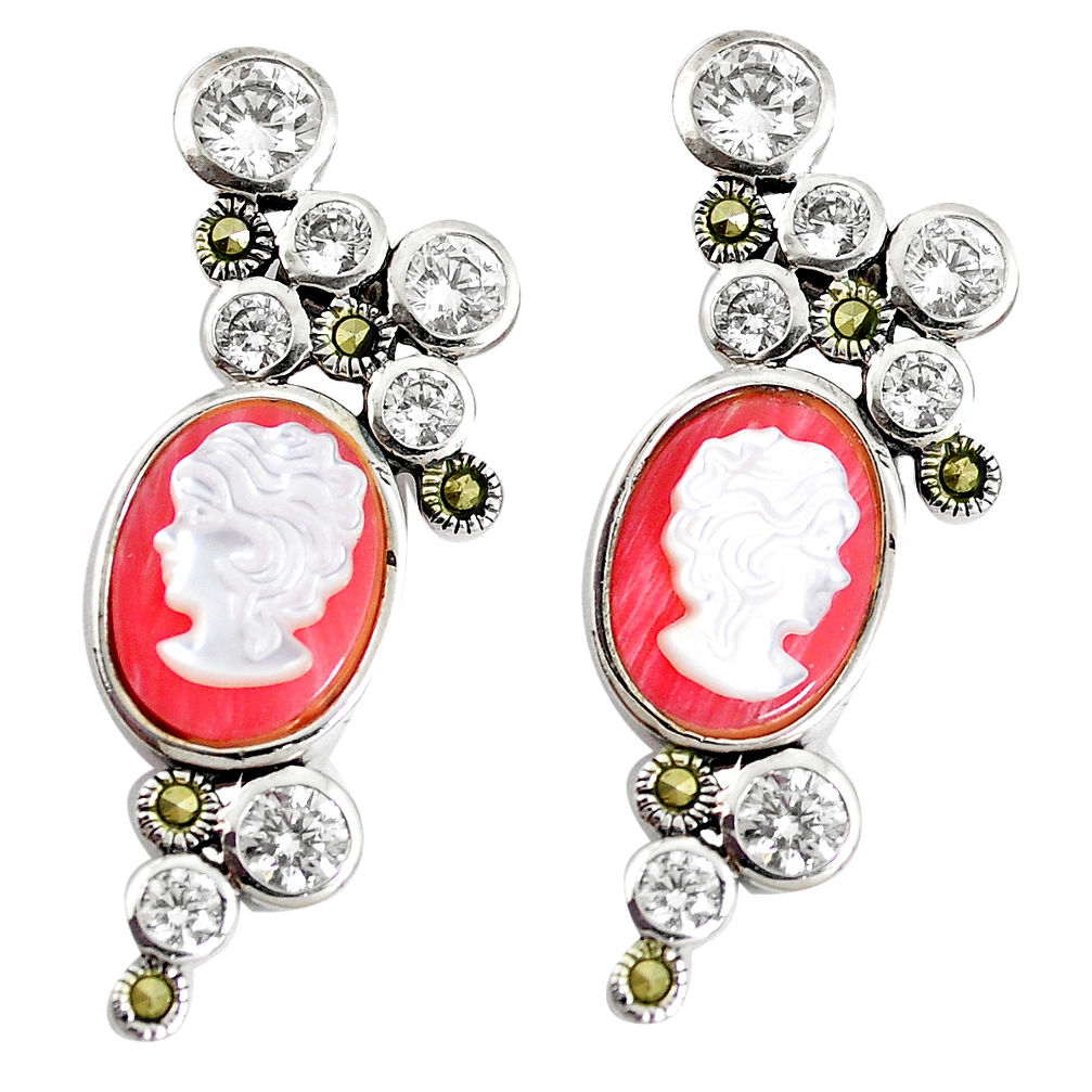 LAB 15.17cts natural pink opal pearl lady face 925 silver earrings jewelry c21455