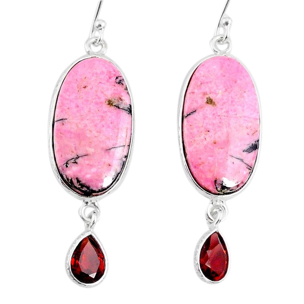 19.12cts natural pink rhodonite in black manganese 925 silver earrings r75622