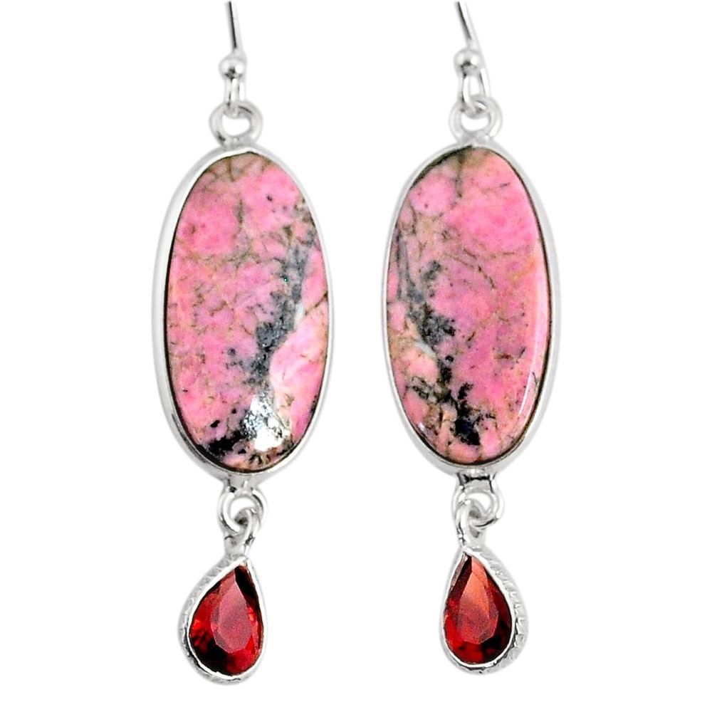 17.96cts natural pink rhodonite in black manganese 925 silver earrings r75647