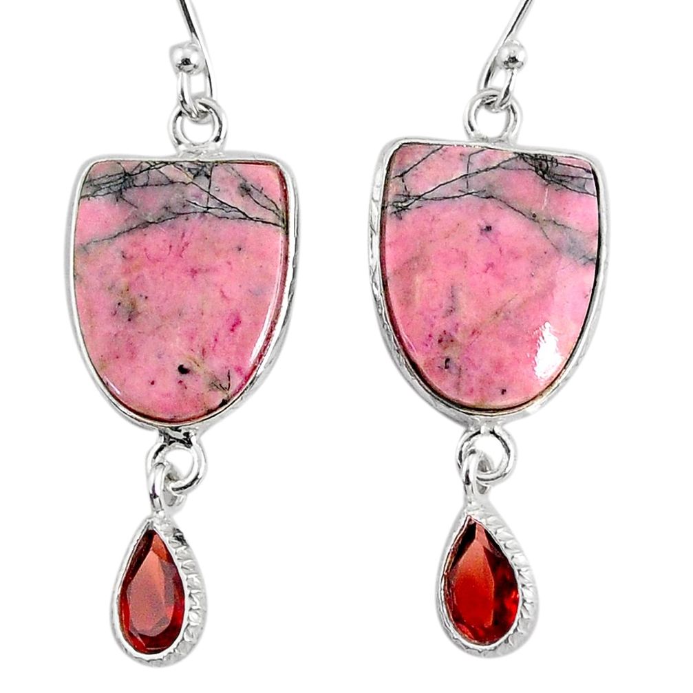 15.31cts natural pink rhodonite in black manganese 925 silver earrings r75649