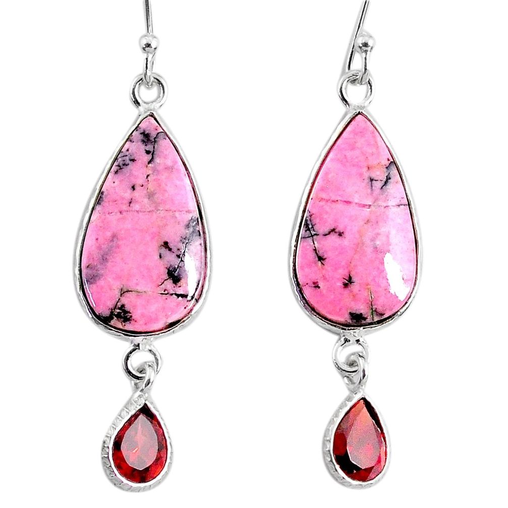 14.91cts natural pink rhodonite in black manganese silver dangle earrings r75630