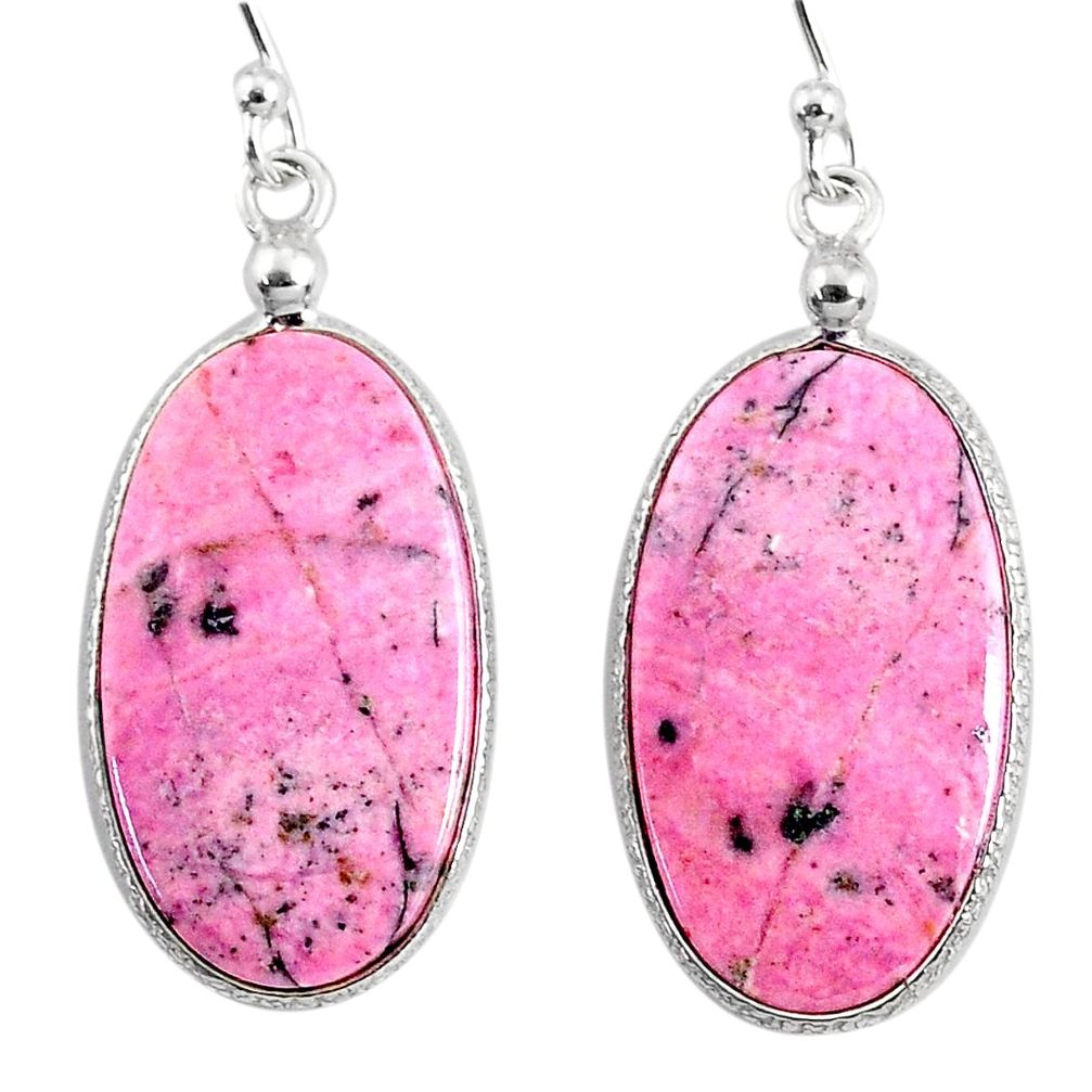 18.39cts natural pink rhodonite in black manganese silver dangle earrings r75632