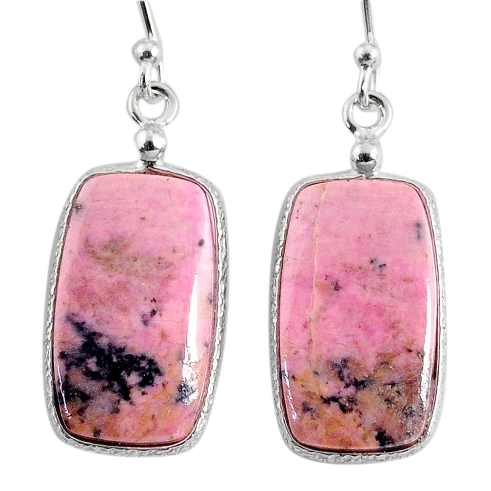 15.28cts natural pink rhodonite in black manganese silver dangle earrings r75655