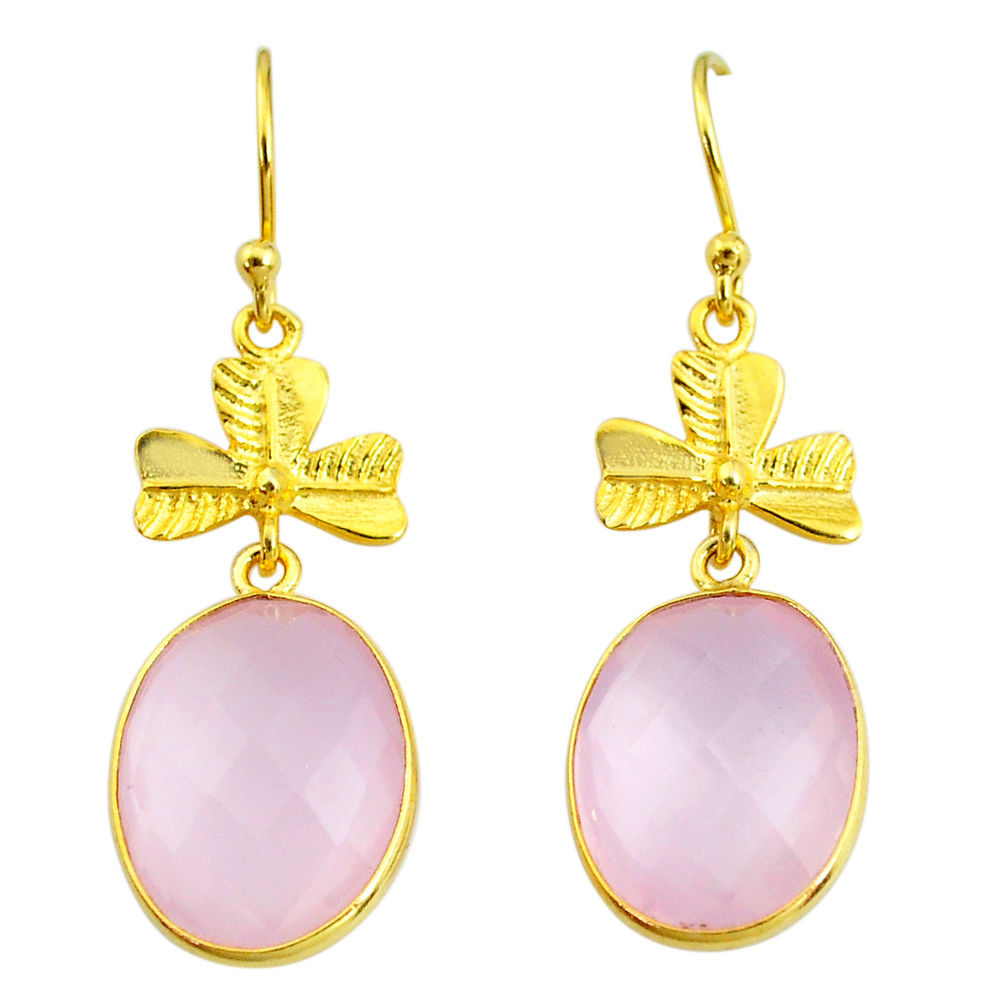 17.29cts natural pink rose quartz 14k gold handmade dangle earrings t11433