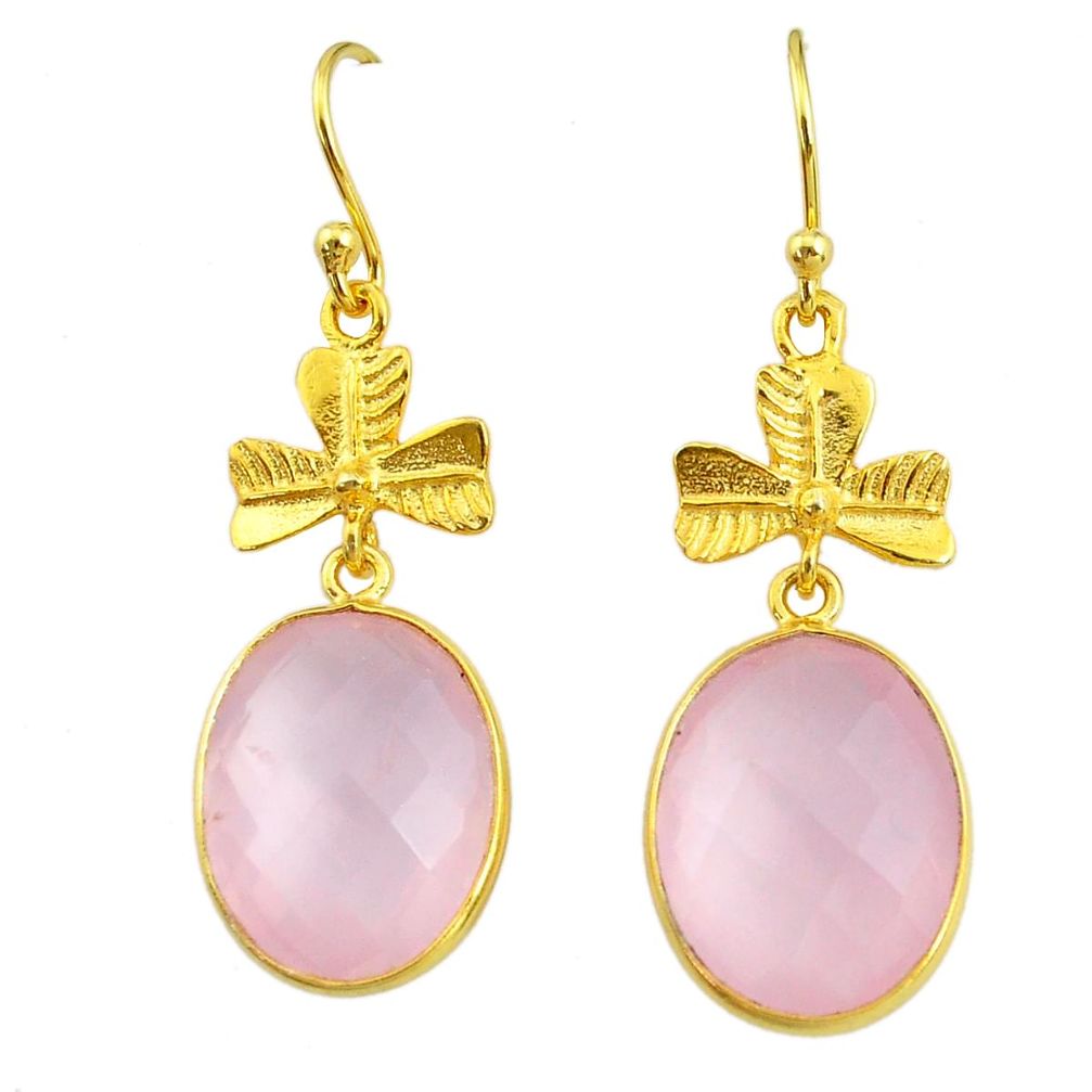 16.74cts natural pink rose quartz 14k gold handmade dangle earrings t11518