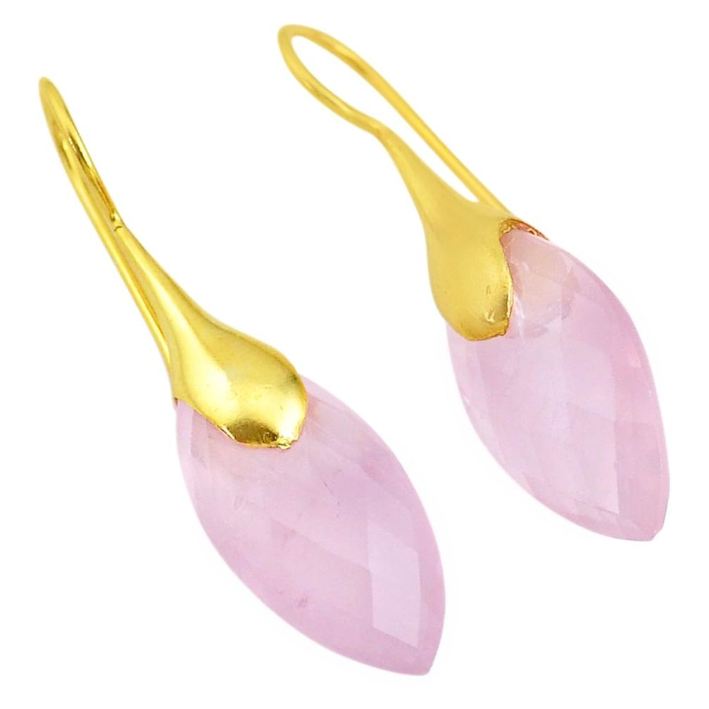 17.81cts natural pink rose quartz 14k gold handmade dangle earrings t11565