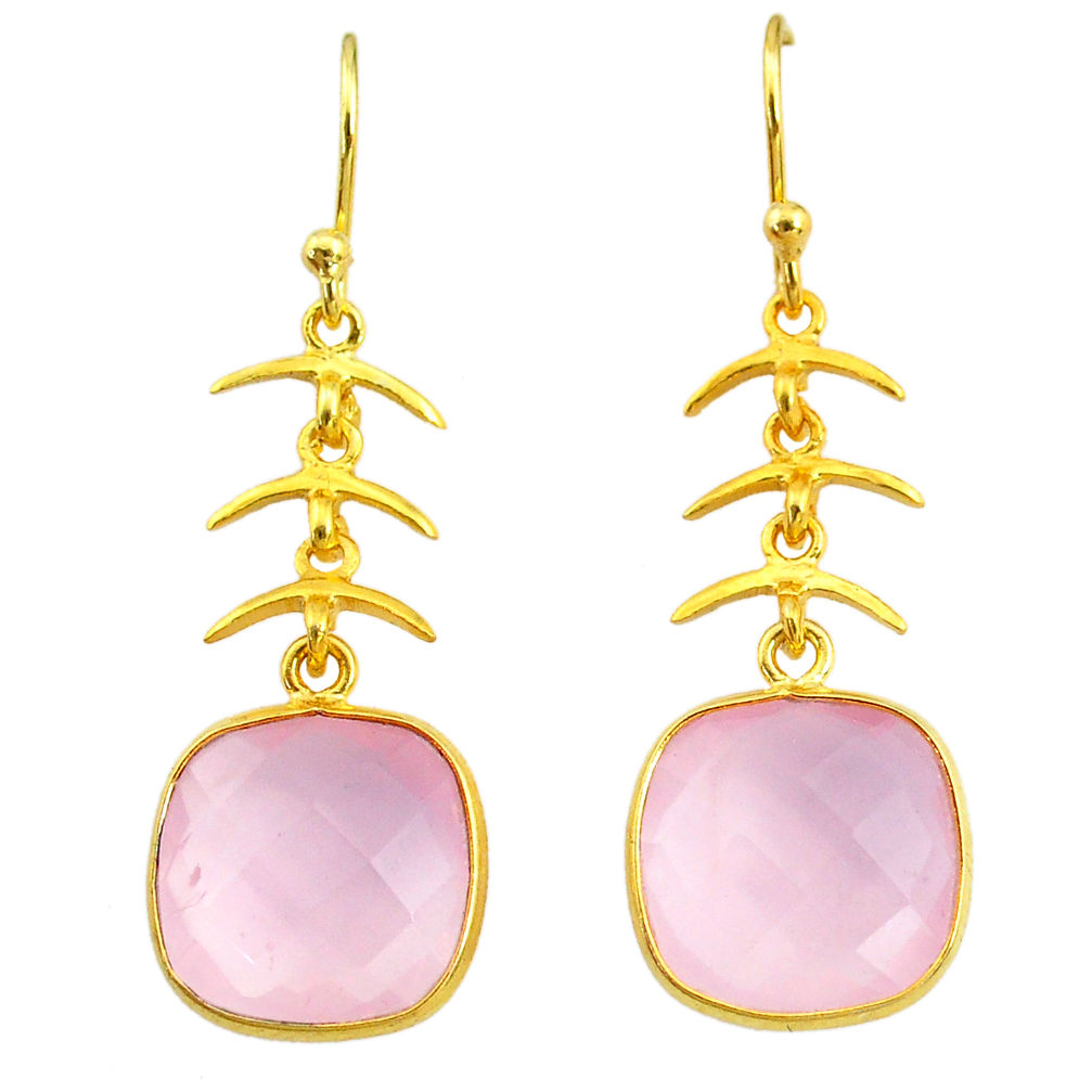 12.15cts natural pink rose quartz 14k gold handmade dangle earrings t11670