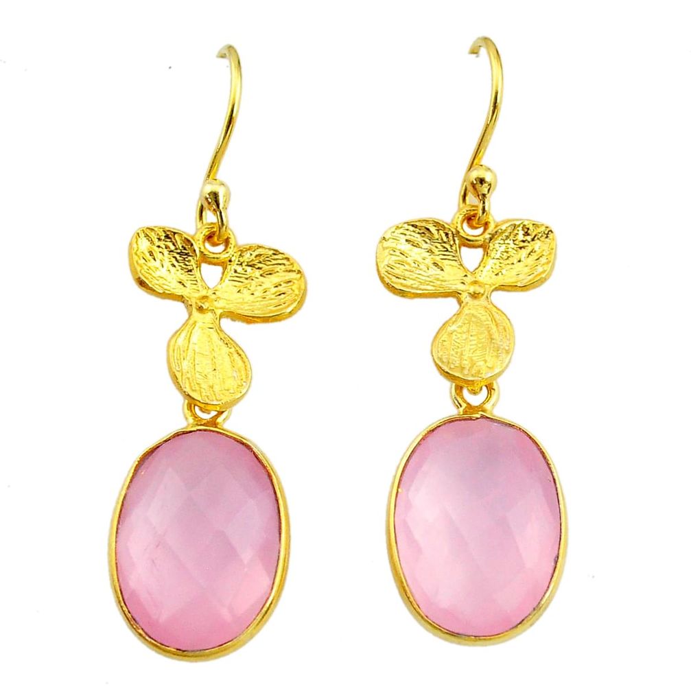 11.23cts natural pink rose quartz 14k gold handmade dangle earrings t11682