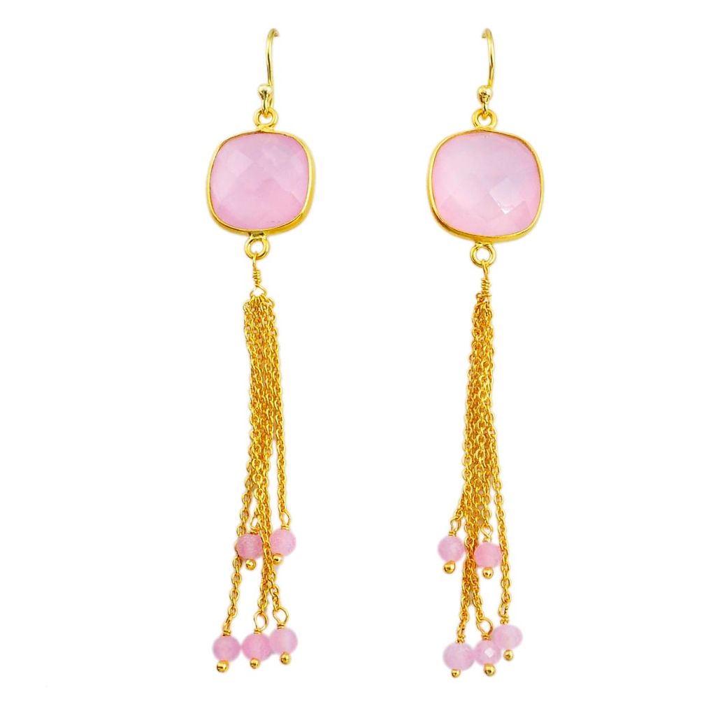 15.68cts natural pink rose quartz handmade14k gold dangle earrings t16468