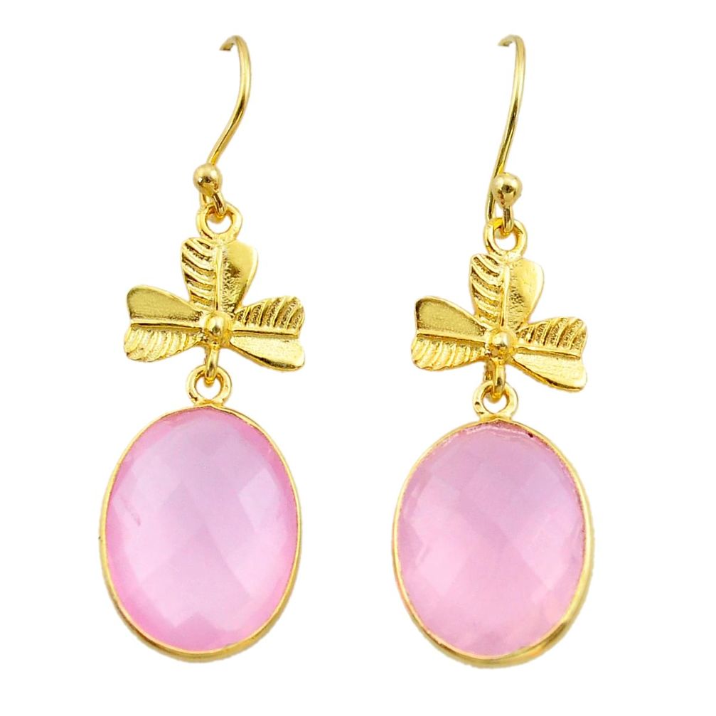 14.67cts natural pink rose quartz 925 silver 14k gold dangle earrings t44131