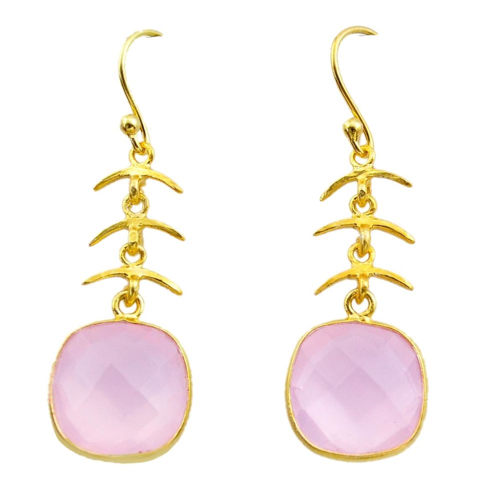 10.67cts natural pink rose quartz 925 silver 14k gold dangle earrings t44179