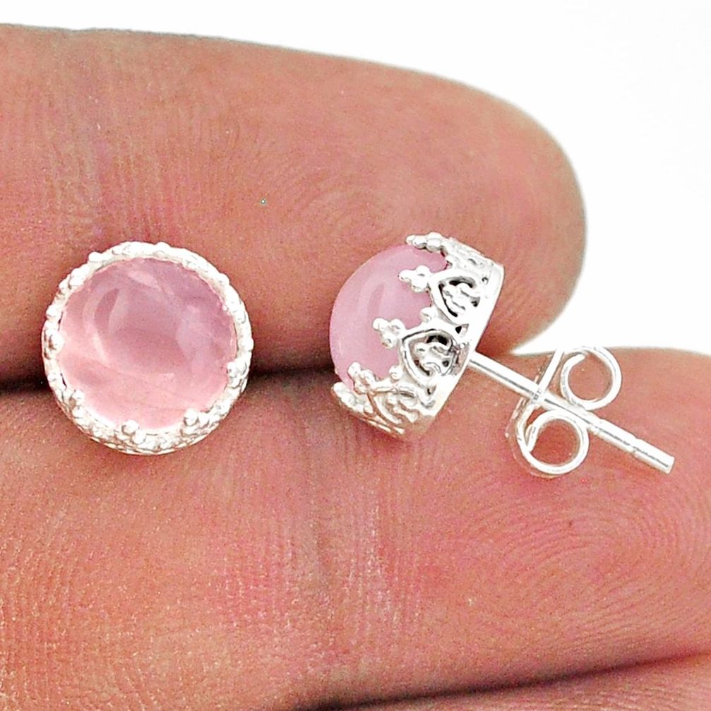 6.68cts natural pink rose quartz 925 sterling silver crown stud earrings t43705