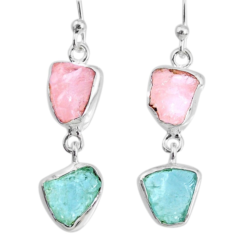 9.83cts natural pink rose quartz raw 925 silver dangle handmade earrings r74242