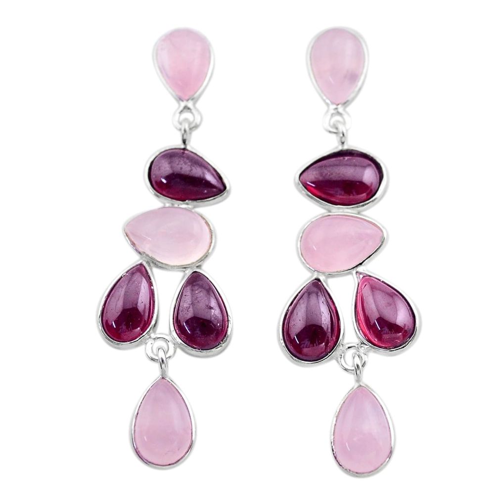 19.92cts natural pink rose quartz red garnet 925 silver dangle earrings t30293