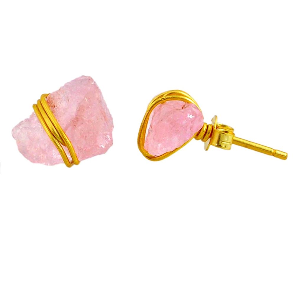 7.19cts natural pink rose quartz raw 14k gold handmade stud earrings r79795