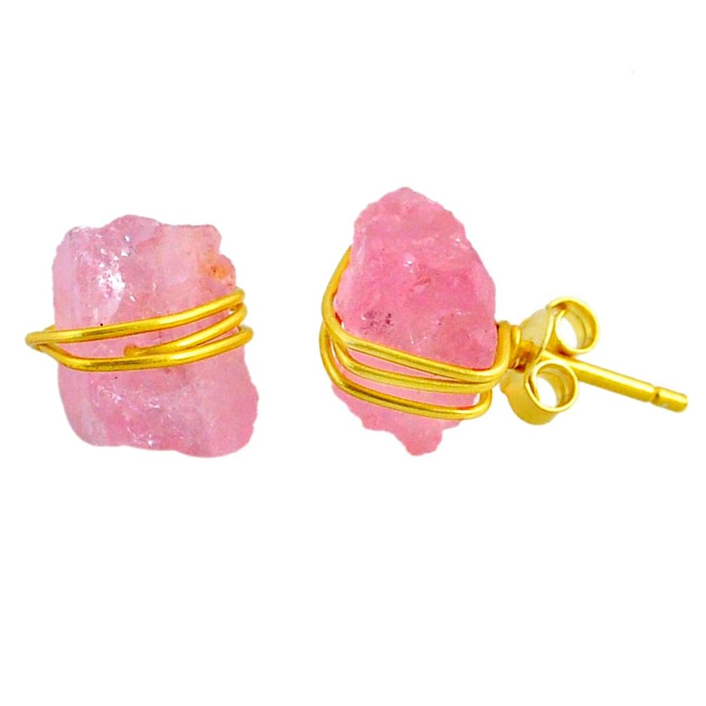 7.80cts natural pink rose quartz raw 14k gold handmade stud earrings r79797