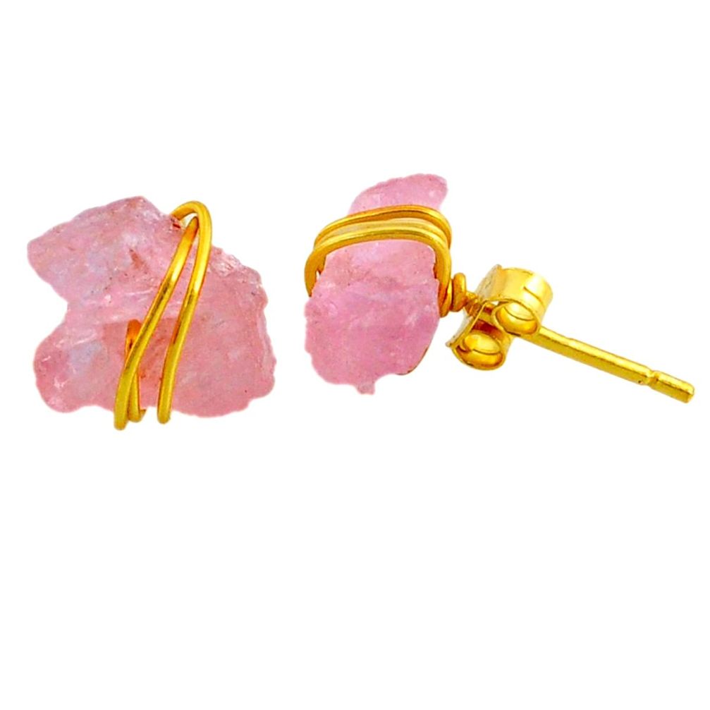 6.55cts natural pink rose quartz raw 14k gold handmade stud earrings r79799
