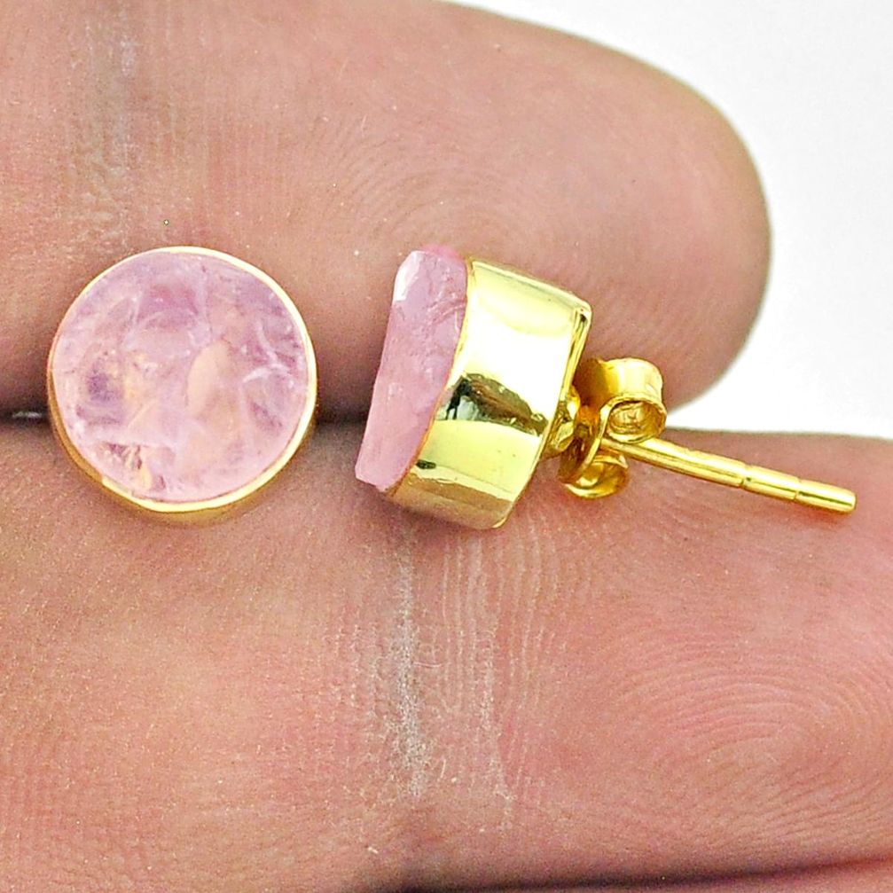 6.70cts natural pink rose quartz raw 925 silver 14k gold stud earrings t52322