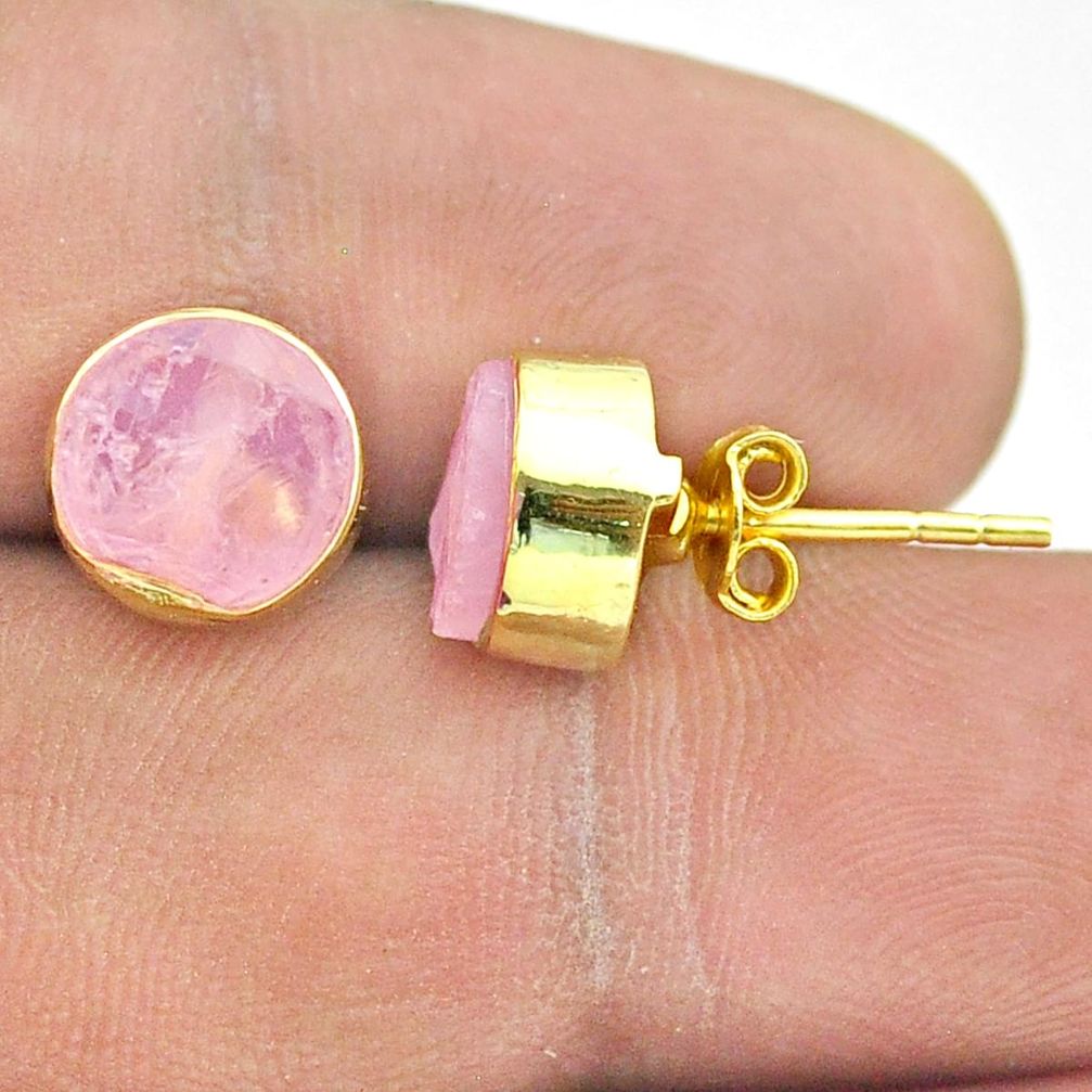 6.74cts natural pink rose quartz raw 925 silver 14k gold stud earrings t52323