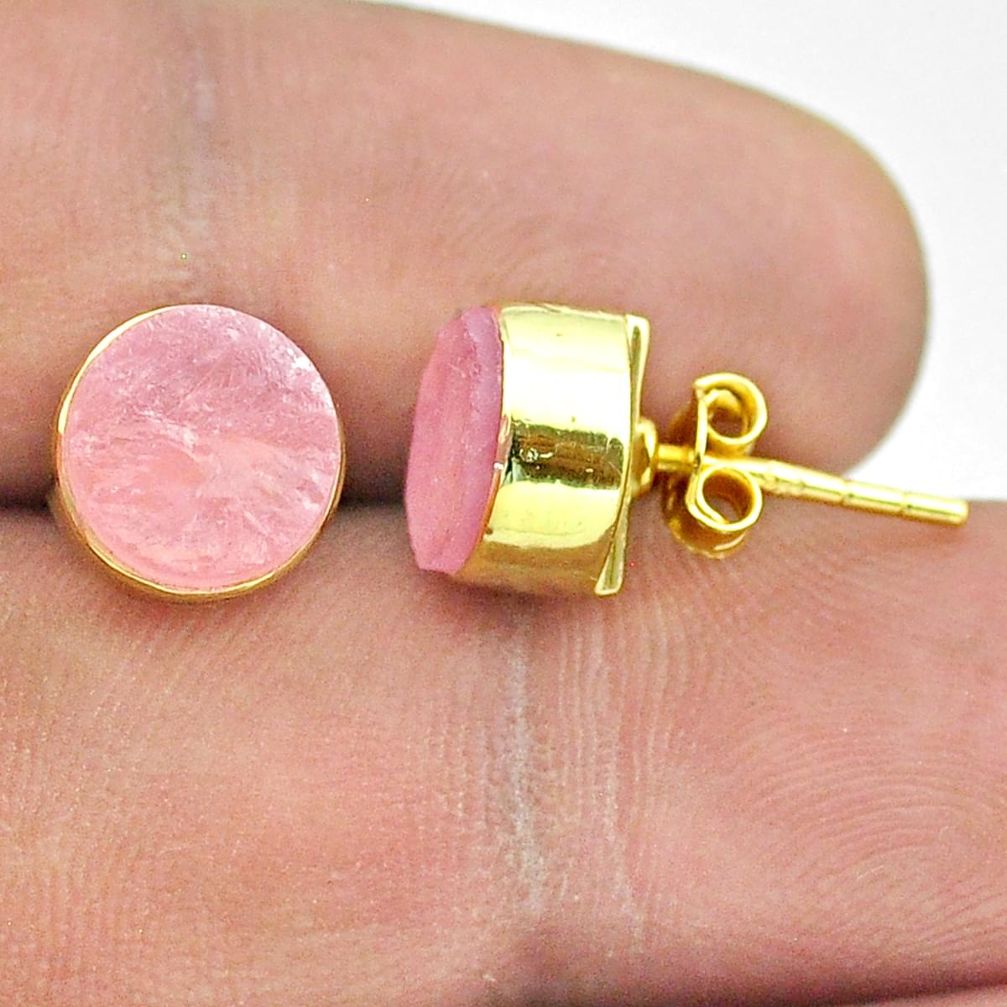 6.29cts natural pink rose quartz raw 925 silver 14k gold stud earrings t52325