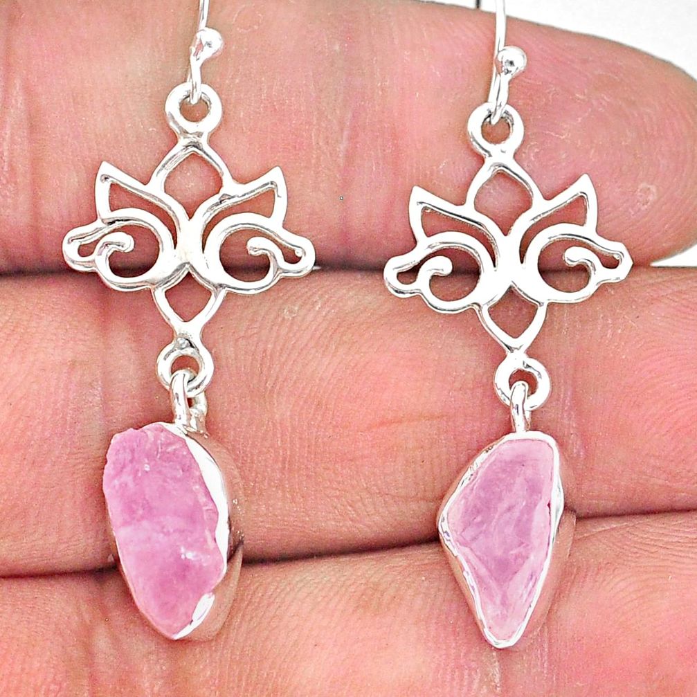 9.57cts natural pink rose quartz rough 925 silver dangle earrings r89974