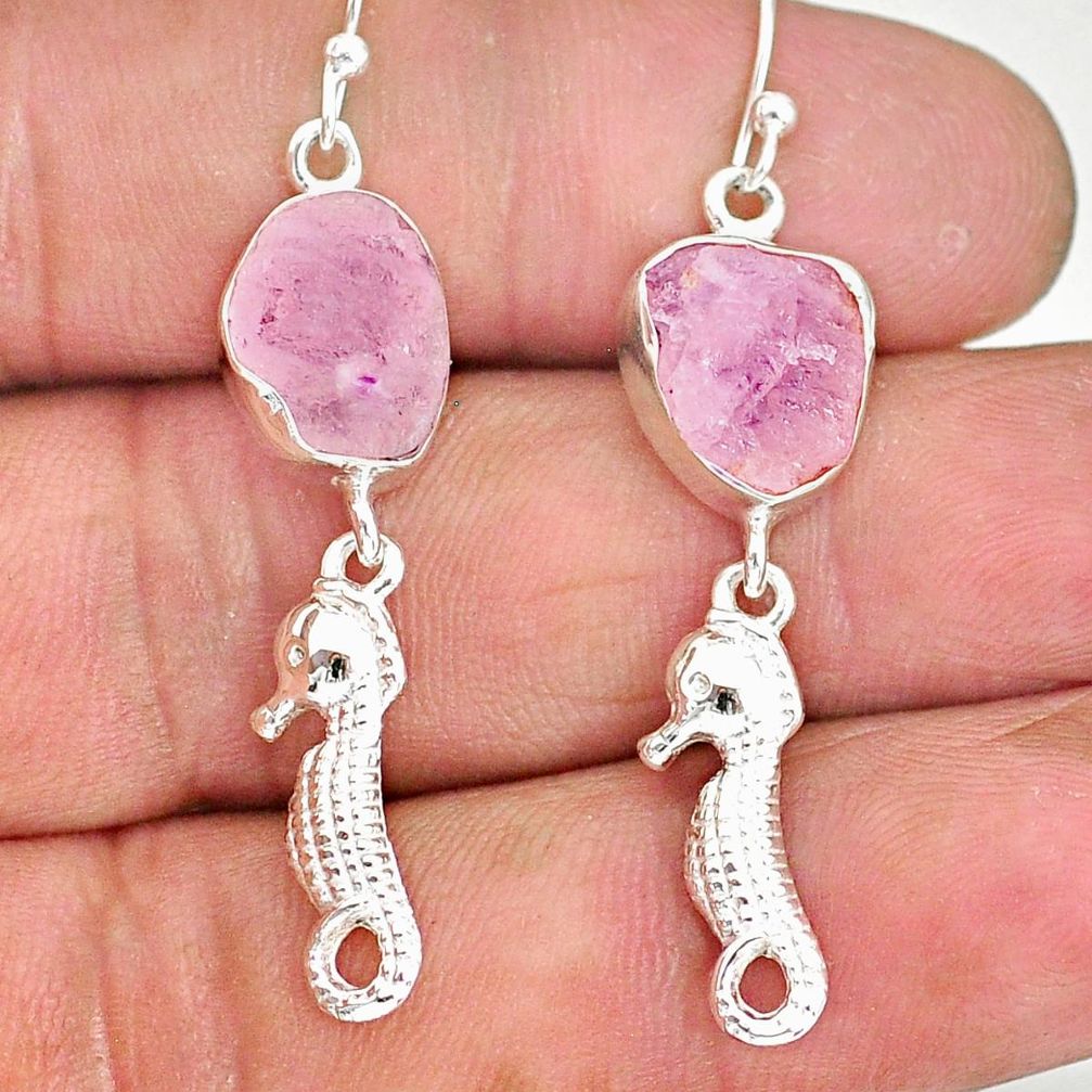 10.37cts natural pink rose quartz raw 925 silver dangle earrings r89978