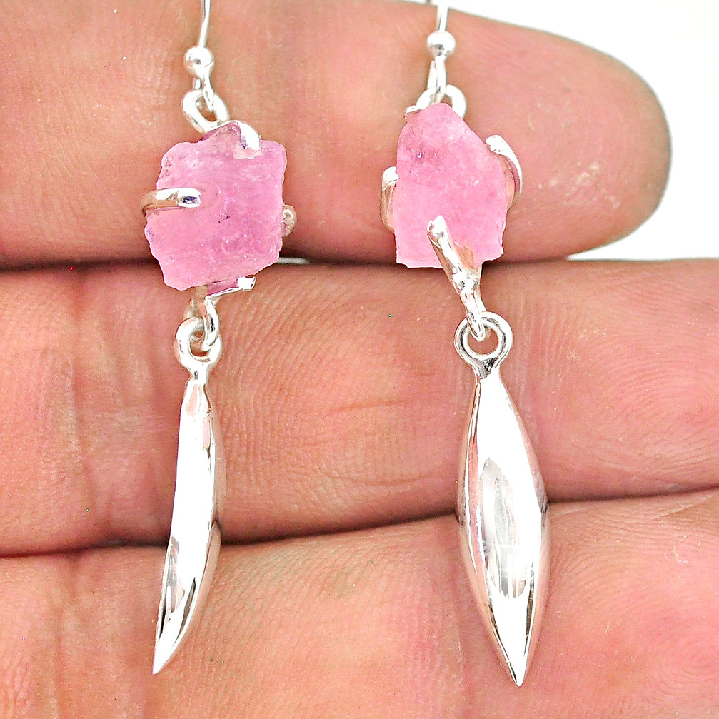 6.81cts natural pink rose quartz raw 925 silver dangle earrings r90764