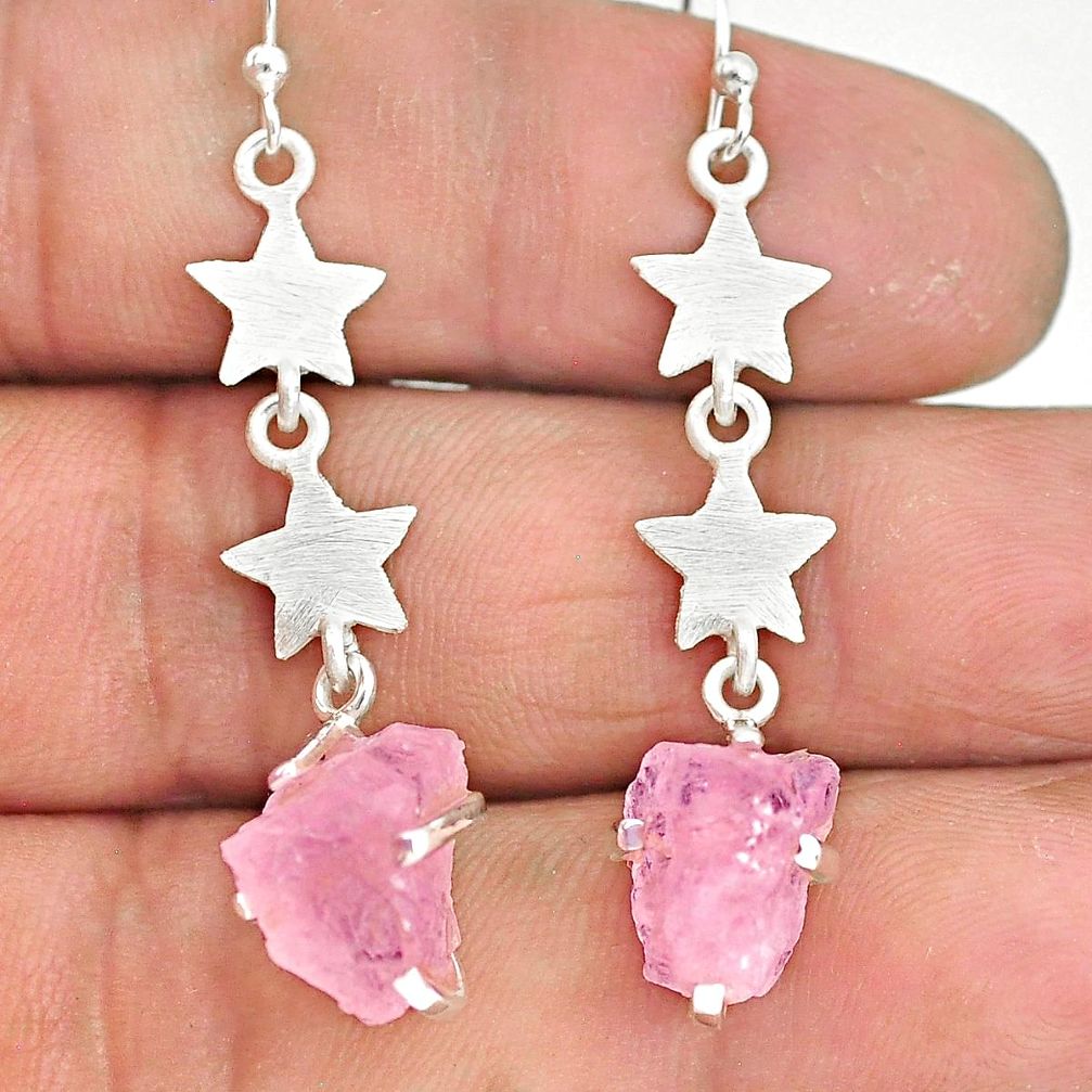 8.42cts natural pink rose quartz raw 925 silver dangle earrings r90765