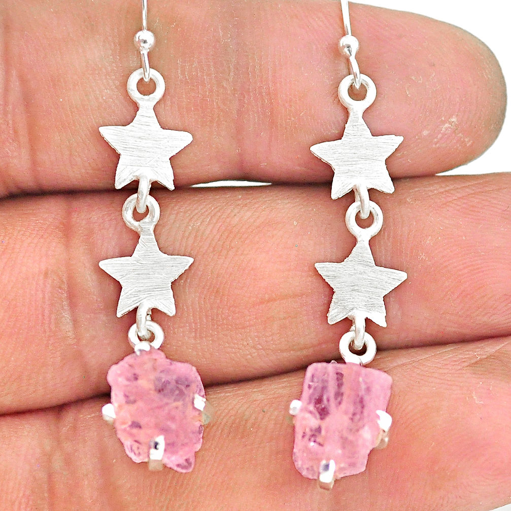 7.54cts natural pink rose quartz raw 925 silver dangle earrings r90768