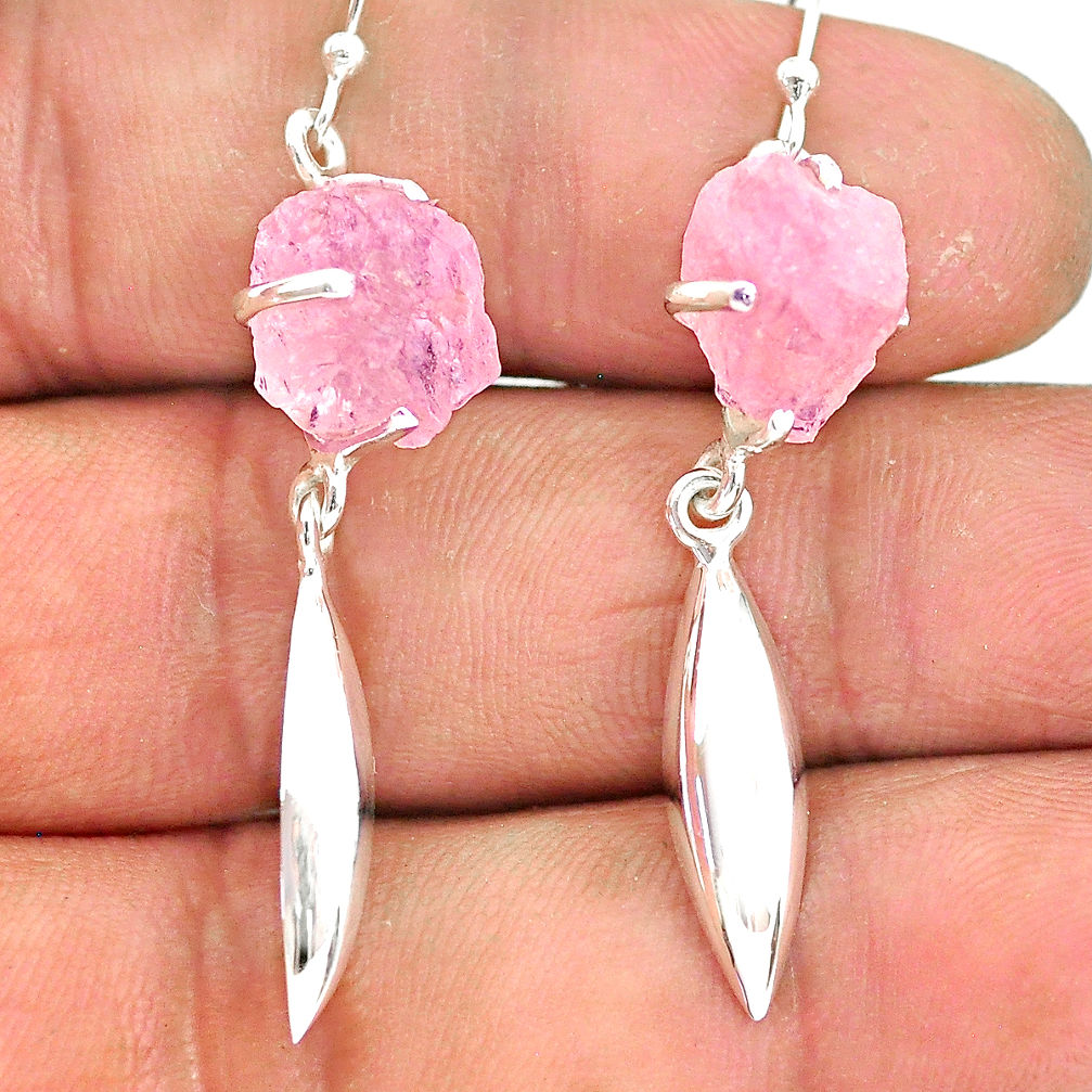 7.27cts natural pink rose quartz raw 925 silver dangle earrings r90773