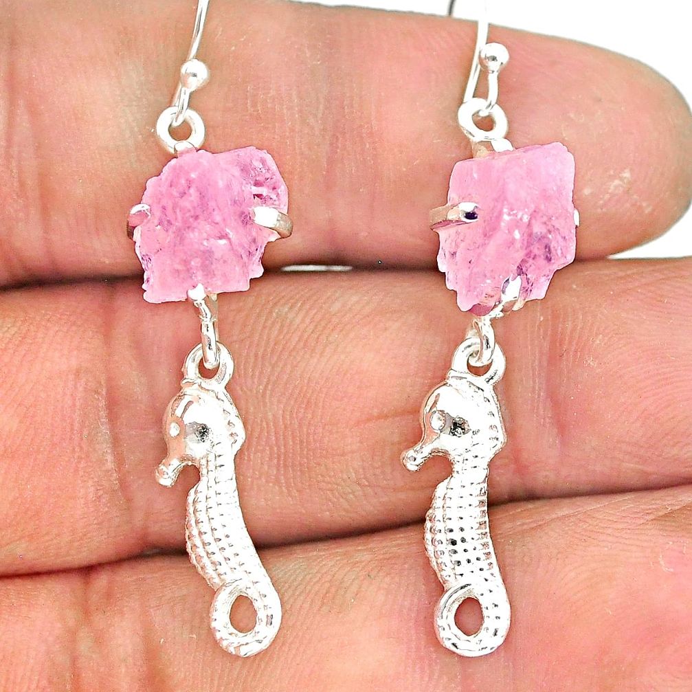 8.67cts natural pink rose quartz raw 925 silver dangle earrings r90777