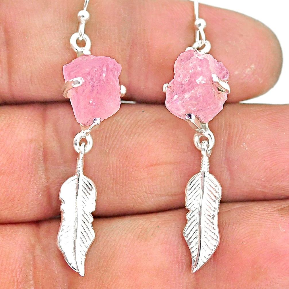 8.88cts natural pink rose quartz raw 925 silver deltoid leaf earrings r90761