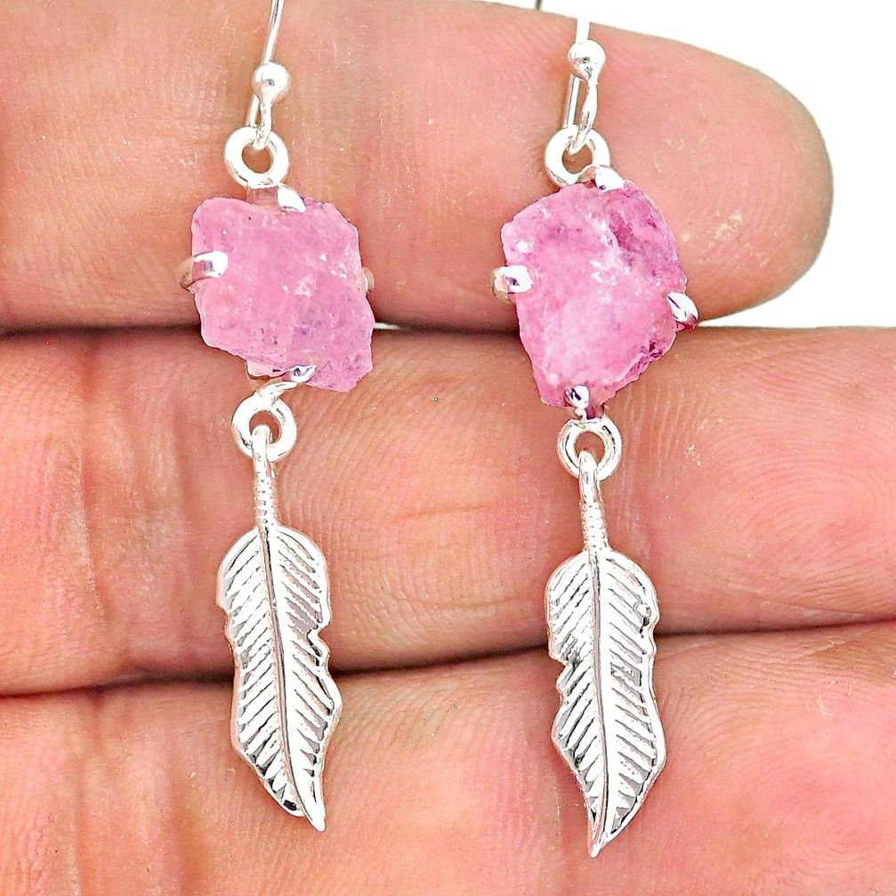 7.96cts natural pink rose quartz raw 925 silver deltoid leaf earrings r90762