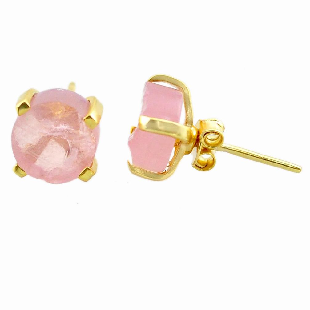 5.65cts natural pink rose quartz raw 14k gold handmade stud earrings t31381
