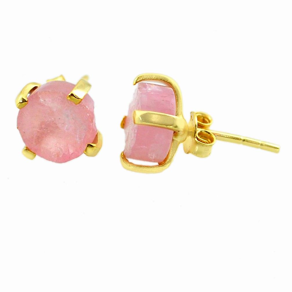 5.72cts natural pink rose quartz raw 14k gold handmade stud earrings t31385