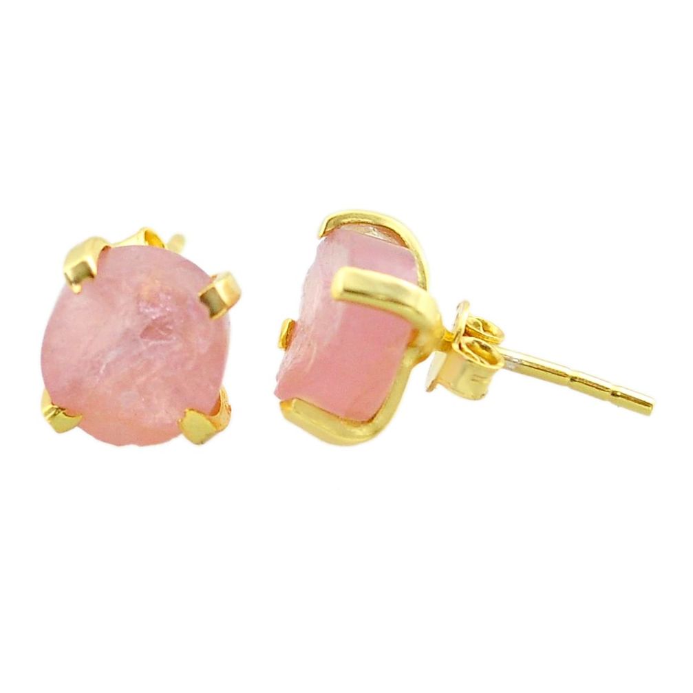 5.60cts natural pink rose quartz raw 14k gold handmade stud earrings t31389