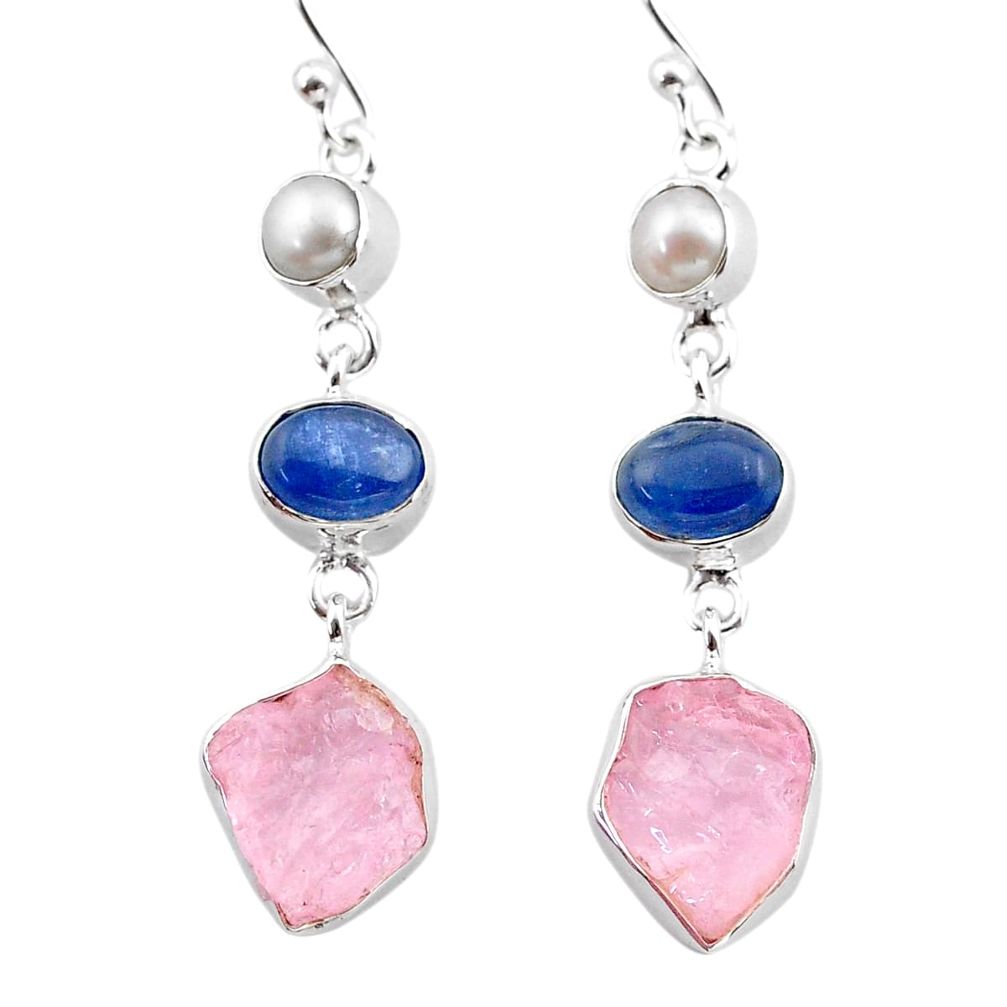 13.71cts natural pink rose quartz raw kyanite pearl 925 silver earrings t38267
