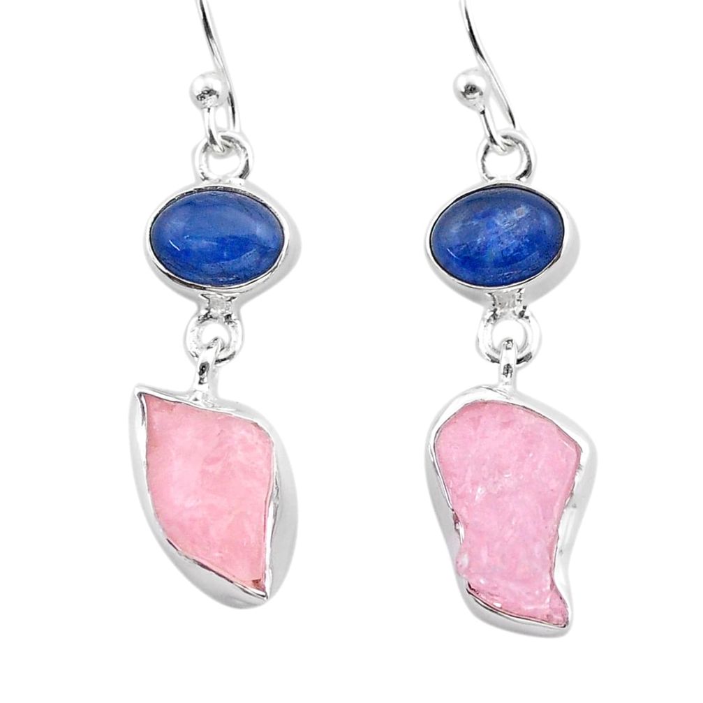 12.01cts natural pink rose quartz raw kyanite silver dangle earrings t38189