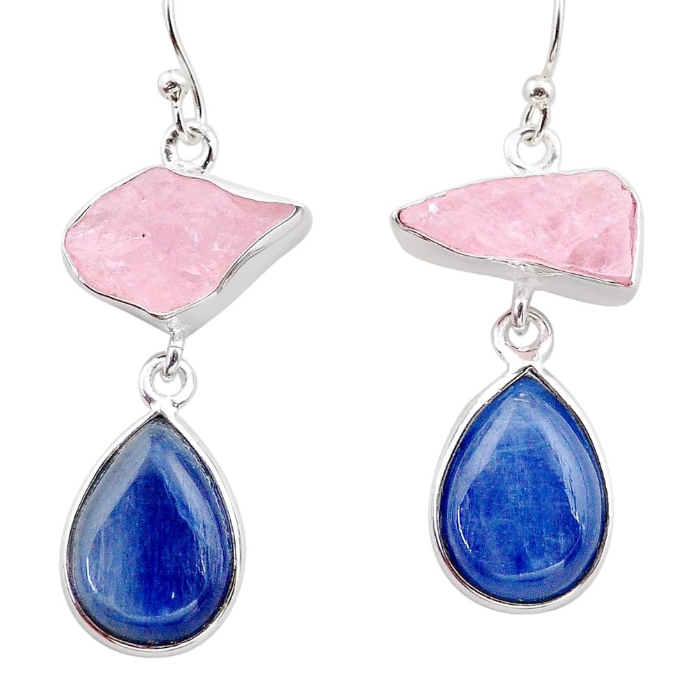 16.87cts natural pink rose quartz raw kyanite silver dangle earrings t38251