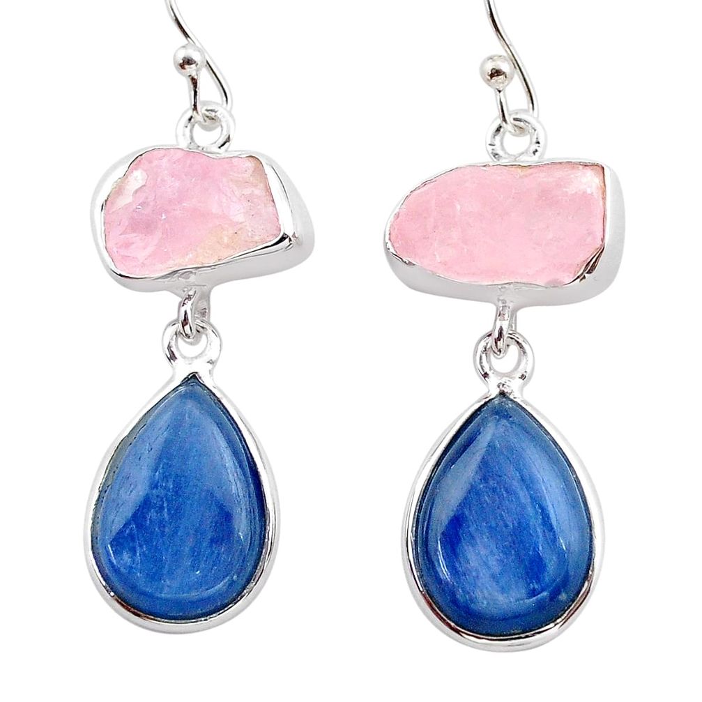 16.54cts natural pink rose quartz raw kyanite silver dangle earrings t38253