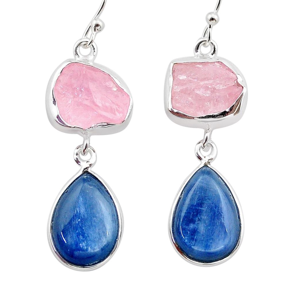 16.90cts natural pink rose quartz raw kyanite silver dangle earrings t38254