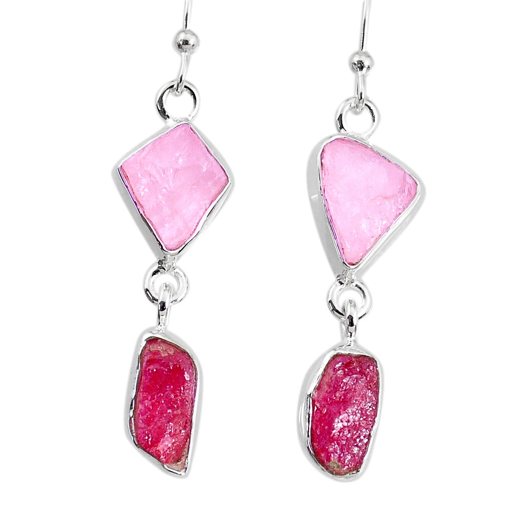 8.93cts natural pink rose quartz raw ruby rough 925 silver earrings r74253