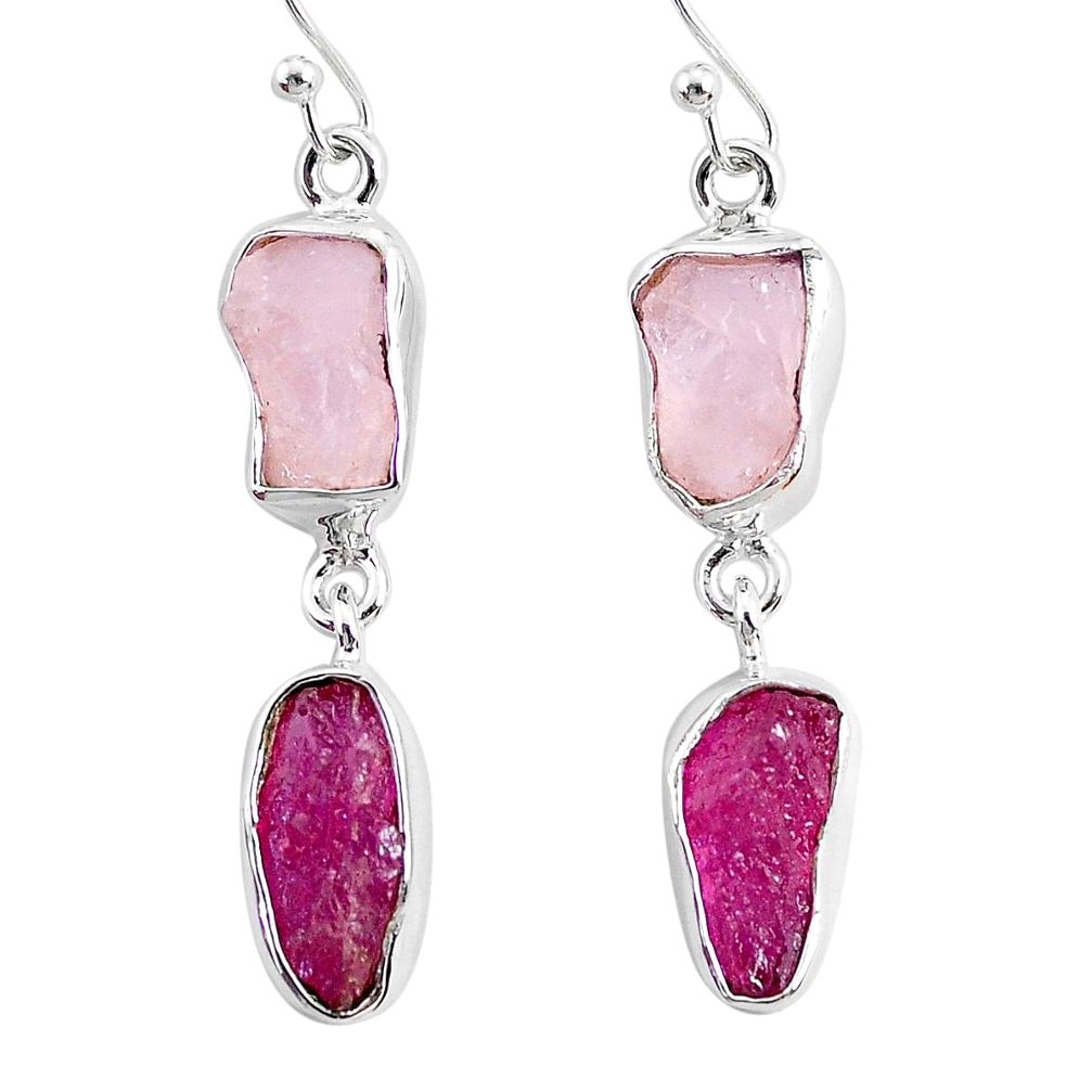 12.99cts natural pink rose quartz raw ruby rough 925 silver earrings r93719