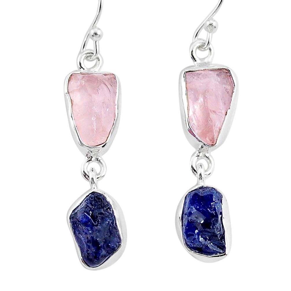 12.60cts natural pink rose quartz raw sapphire rough silver earrings r93701