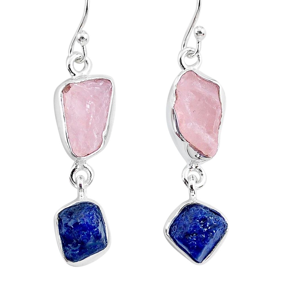 13.04cts natural pink rose quartz raw sapphire rough silver earrings r93705