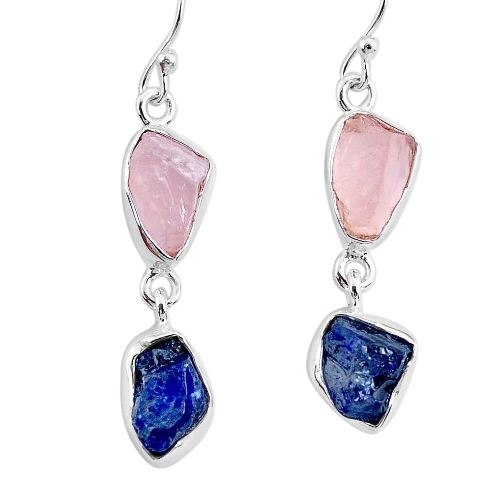 12.10cts natural pink rose quartz raw sapphire rough silver earrings r93707